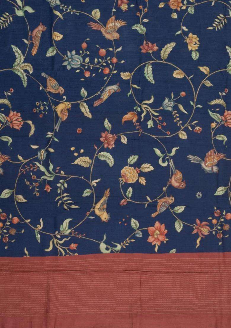 Navy Blue Printed Tussar Silk Saree With Kalamkari Motifs For Women - Indya