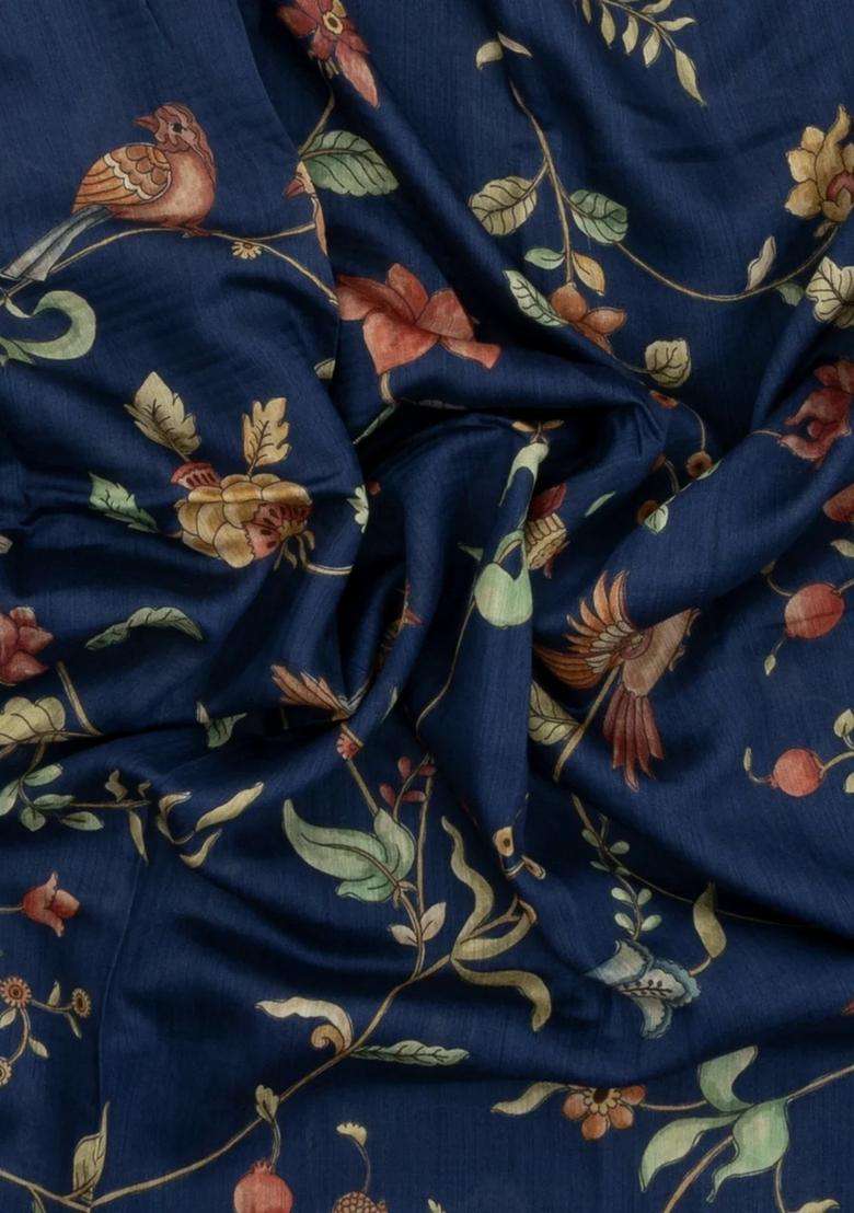 Navy Blue Printed Tussar Silk Saree With Kalamkari Motifs For Women - Indya