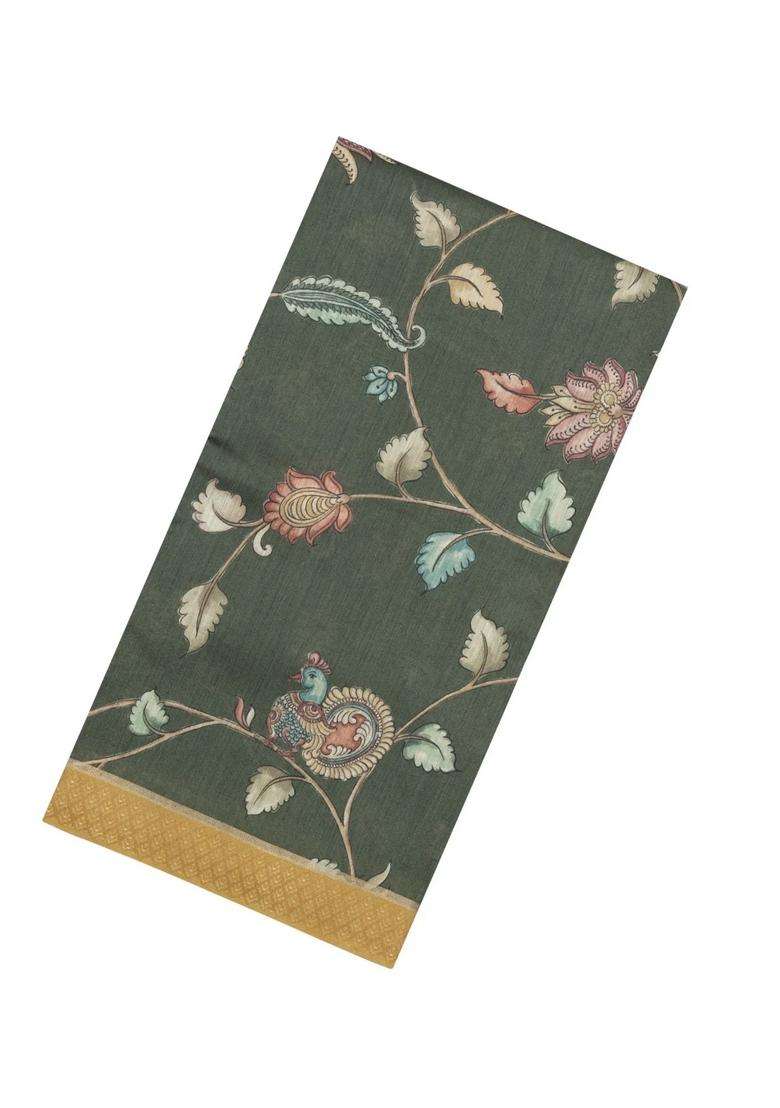 Olive Green Printed Tussar Silk Saree With Kalamkari Motifs For Women - Indya