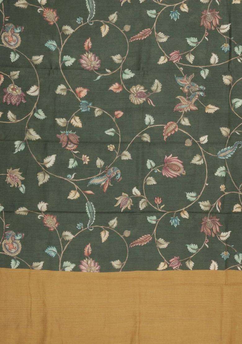 Olive Green Printed Tussar Silk Saree With Kalamkari Motifs For Women - Indya
