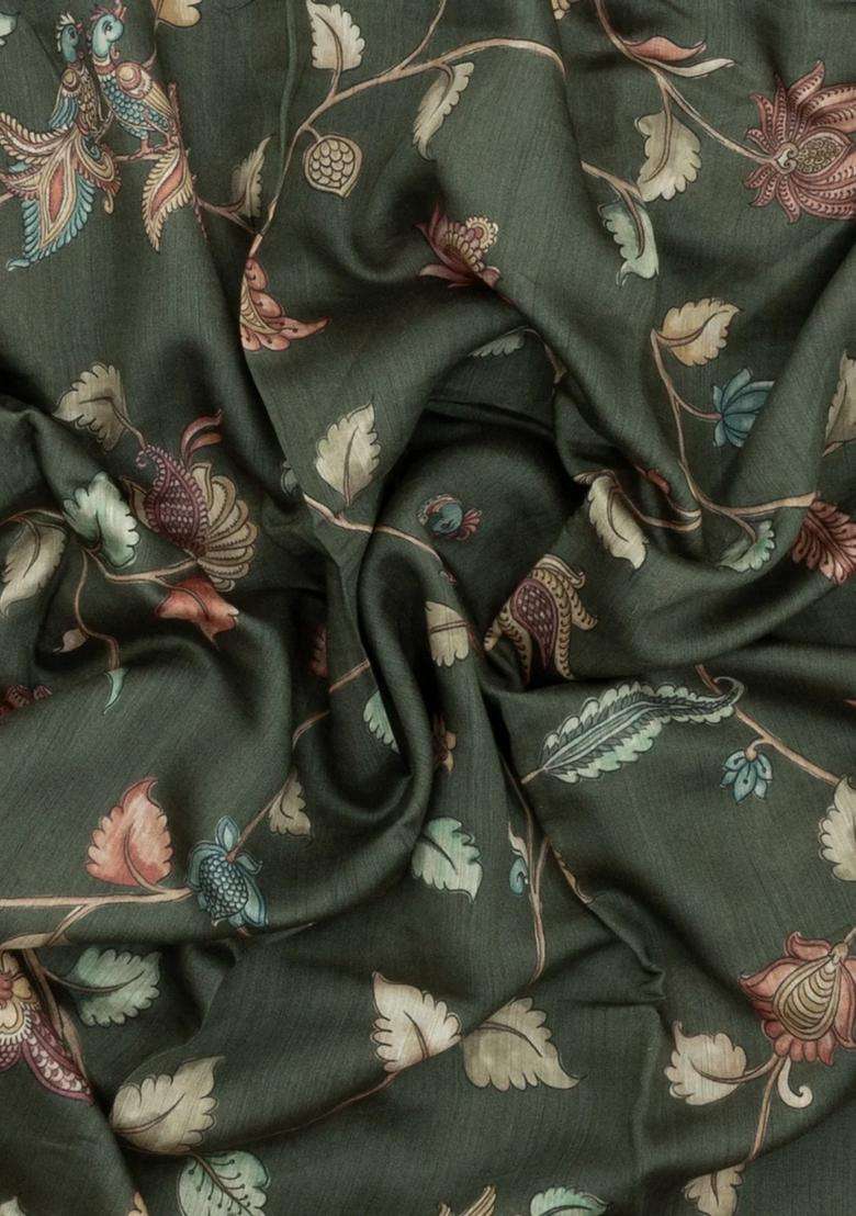 Olive Green Printed Tussar Silk Saree With Kalamkari Motifs For Women - Indya