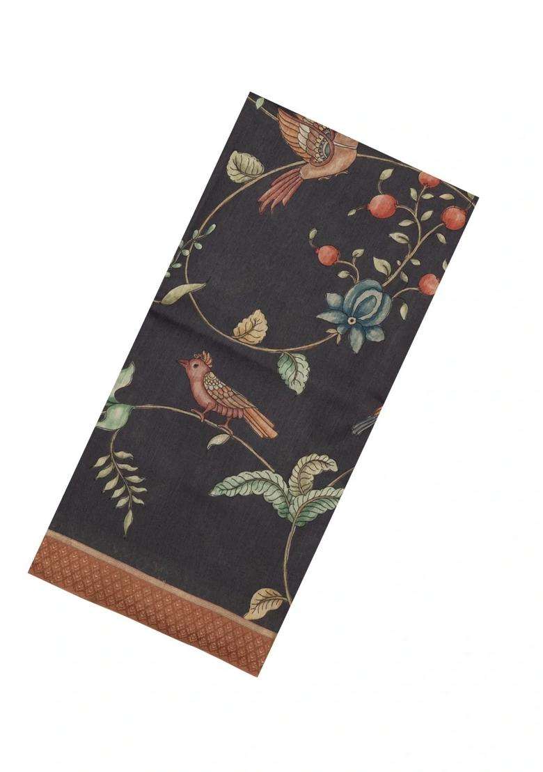 Black Printed Tussar Silk Saree With Kalamkari Motifs For Women - Indya