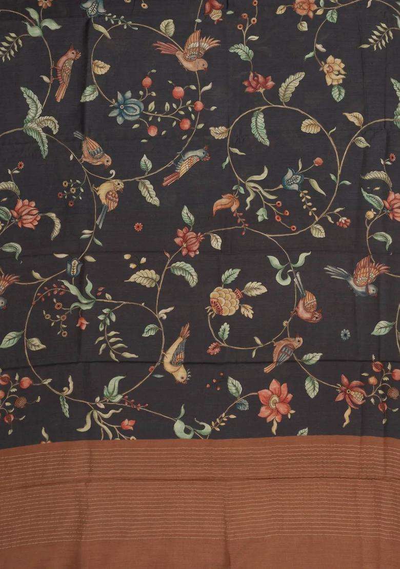 Black Printed Tussar Silk Saree With Kalamkari Motifs For Women - Indya