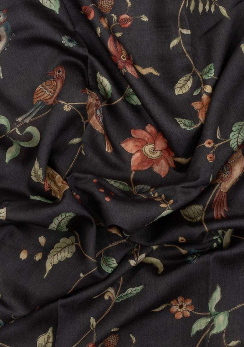 Black Printed Tussar Silk Saree With Kalamkari Motifs For Women - Indya