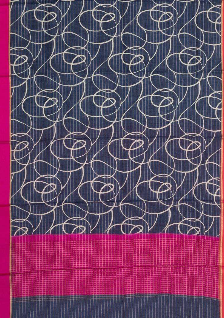 Navy Blue Printed Tussar Silk Saree With Stripes Abstract Motifs For Women - Indya