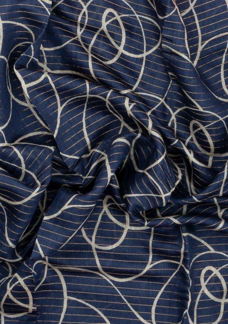 Navy Blue Printed Tussar Silk Saree With Stripes Abstract Motifs For Women - Indya