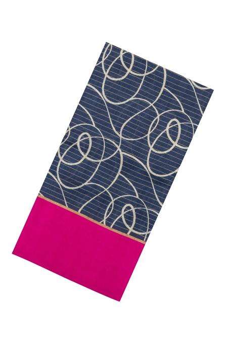 Navy Blue Printed Tussar Silk Saree With Stripes Abstract Motifs For Women