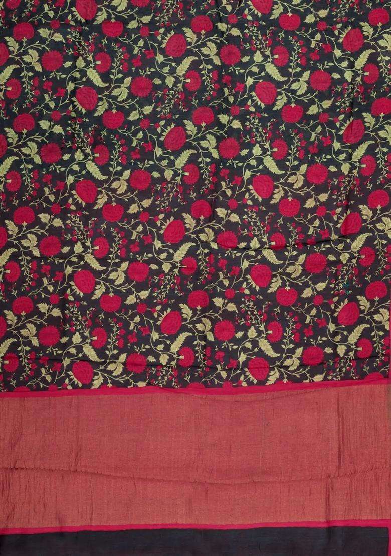 Black Printed Tussar Silk Saree With Floral Motifs For Women - Indya