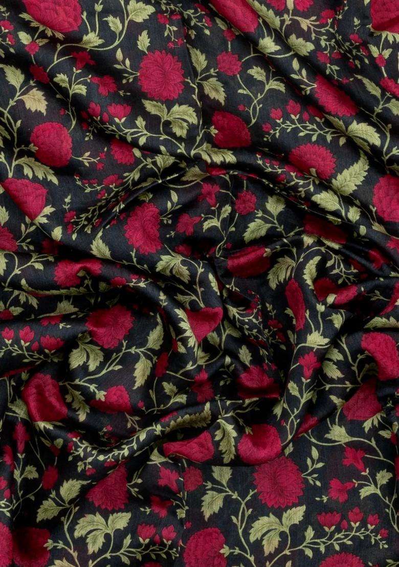 Black Printed Tussar Silk Saree With Floral Motifs For Women - Indya