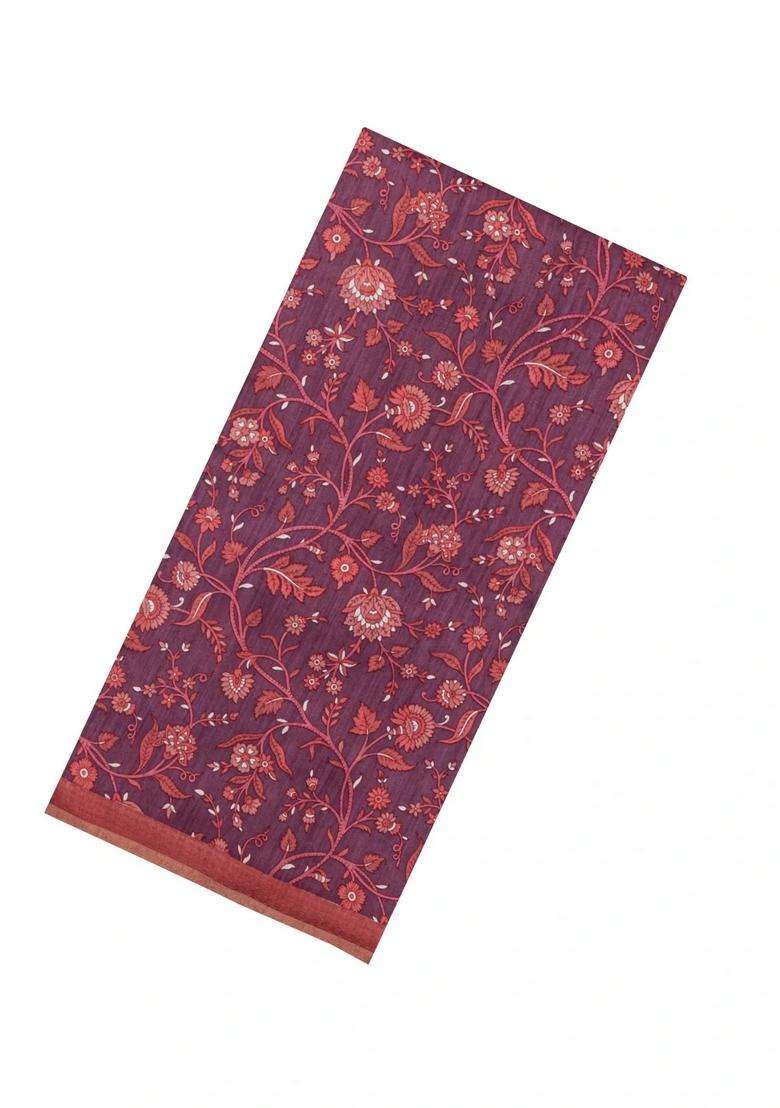 Rust Printed Tussar Silk Saree With Floral Motifs For Women - Indya