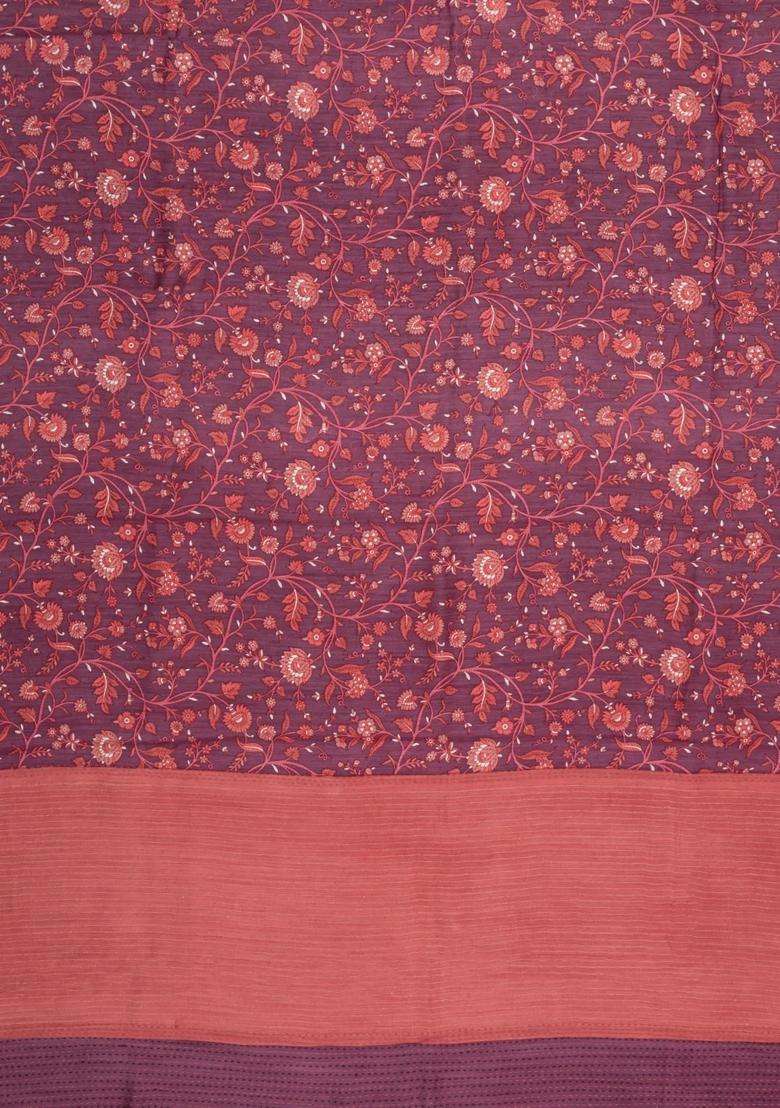 Rust Printed Tussar Silk Saree With Floral Motifs For Women - Indya