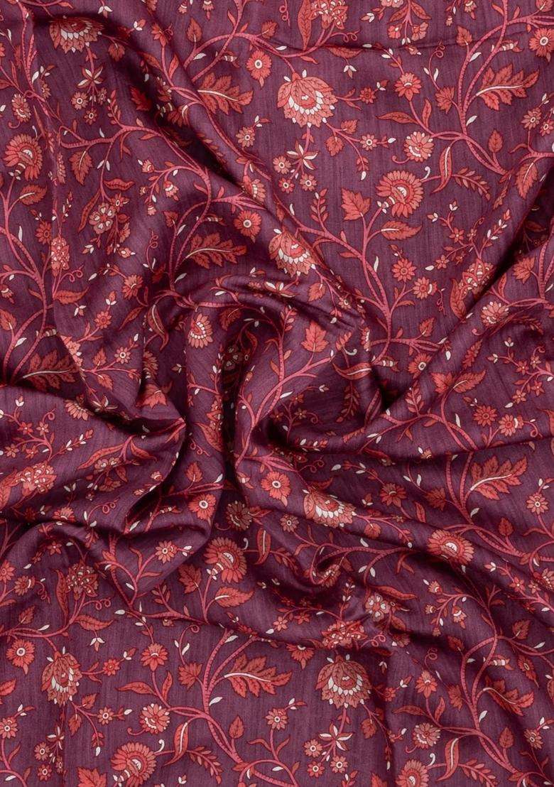 Rust Printed Tussar Silk Saree With Floral Motifs For Women - Indya
