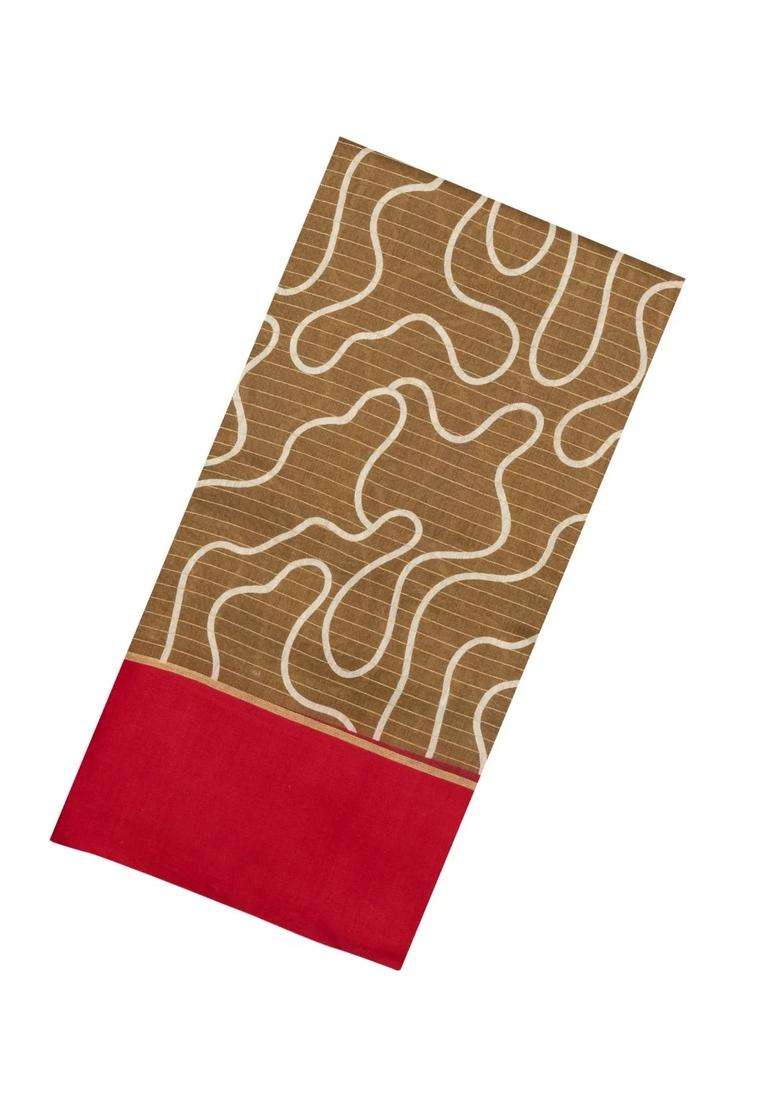 Default Title Dark Beige Printed Tussar Silk Saree With Stripes Abstract Motifs For Women - Indya