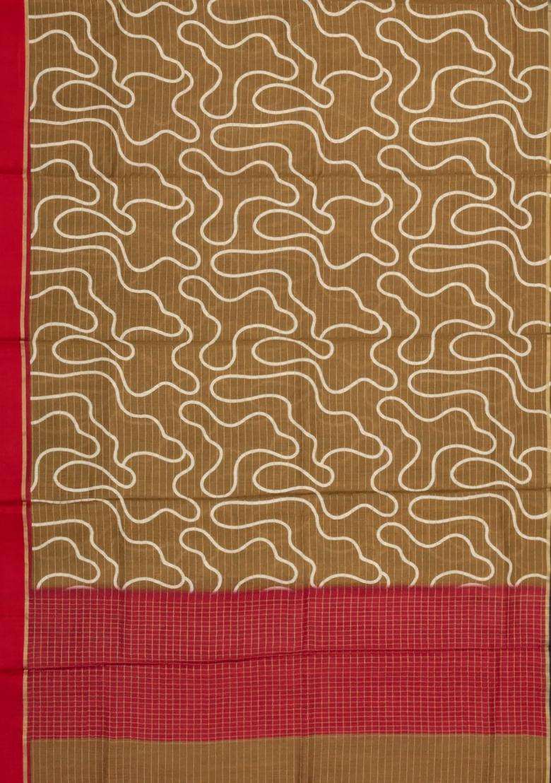 Default Title Dark Beige Printed Tussar Silk Saree With Stripes Abstract Motifs For Women - Indya