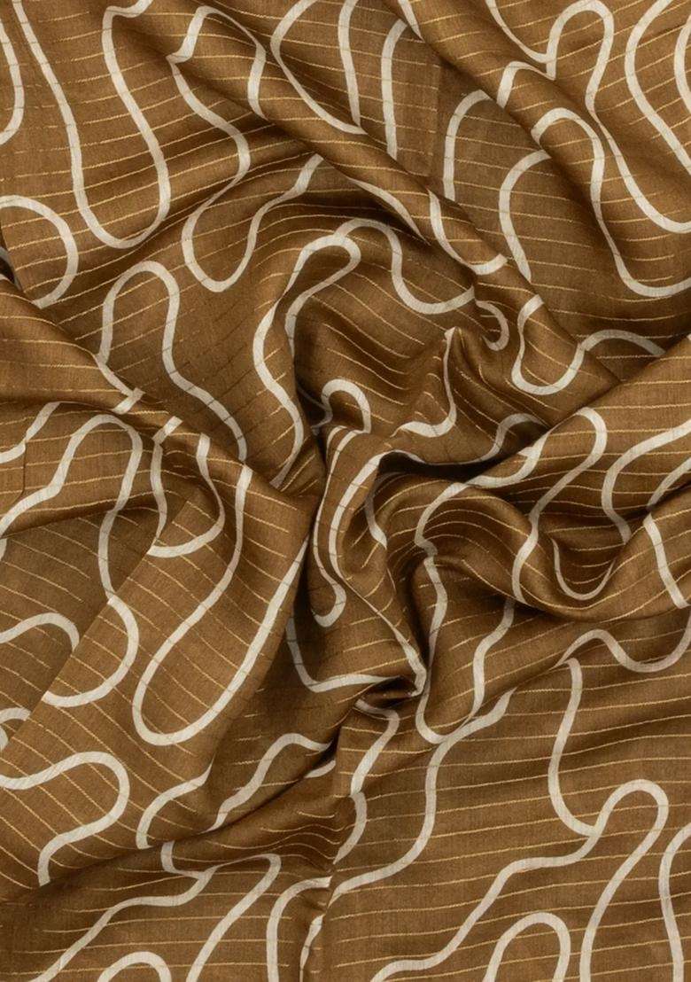 Default Title Dark Beige Printed Tussar Silk Saree With Stripes Abstract Motifs For Women - Indya