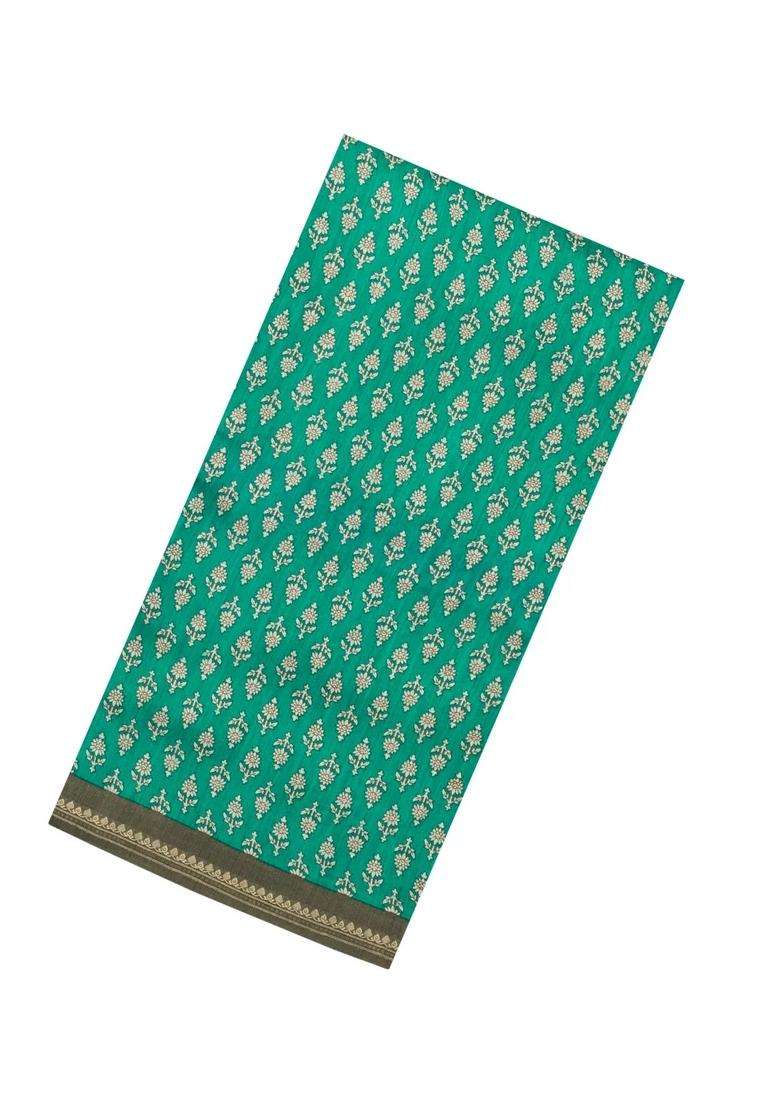 Aquamarine Printed Tussar Silk Saree With Floral Motifs For Women - Indya