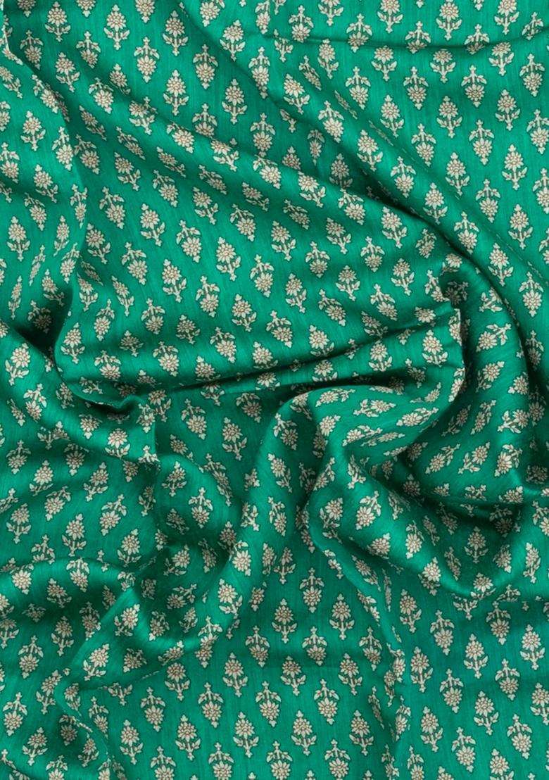 Aquamarine Printed Tussar Silk Saree With Floral Motifs For Women - Indya