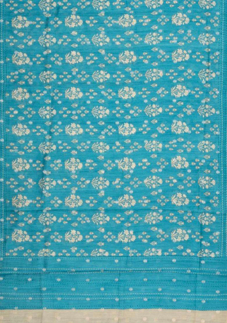 Cyan Printed Tussar Silk Saree With Floral Motifs For Women - Indya