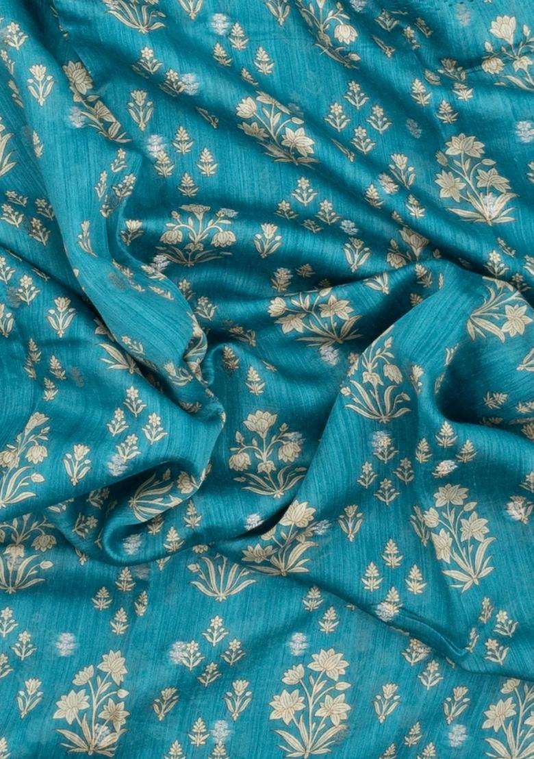 Cyan Printed Tussar Silk Saree With Floral Motifs For Women - Indya