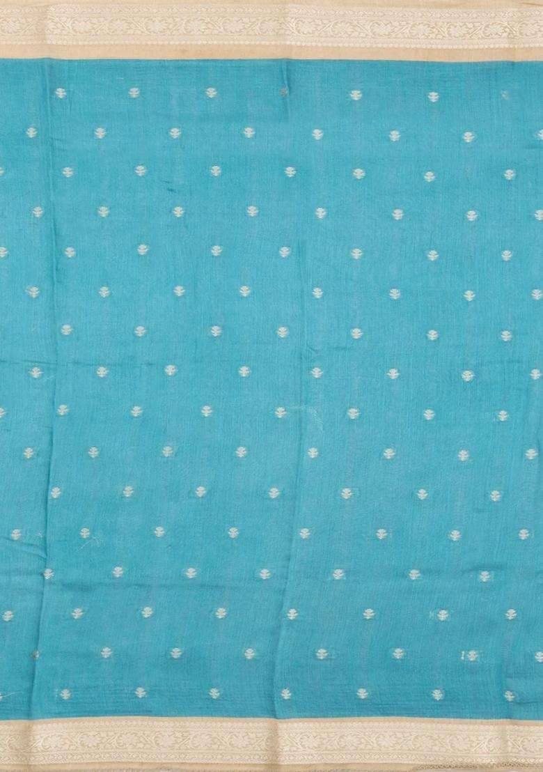 Cyan Printed Tussar Silk Saree With Floral Motifs For Women - Indya