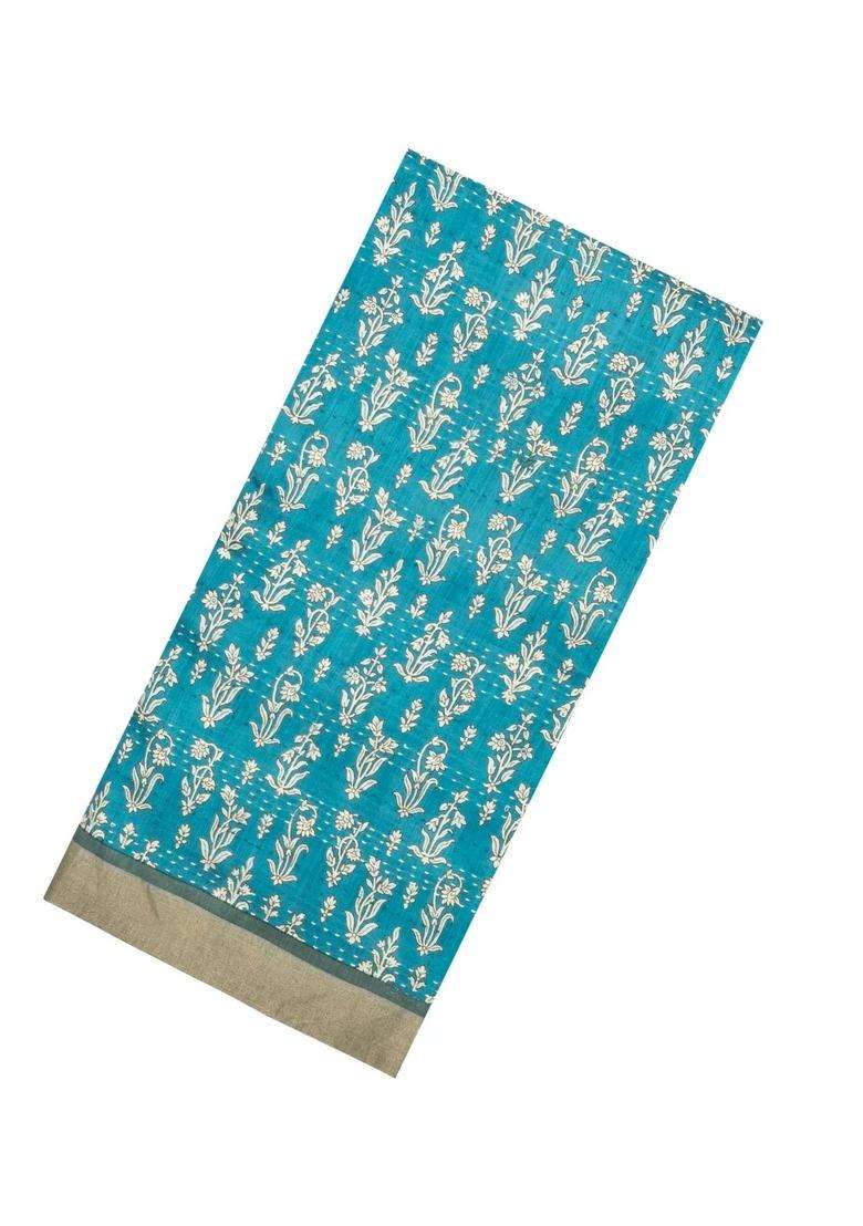 Cyan Printed Tussar Silk Saree With Floral Motifs For Women - Indya