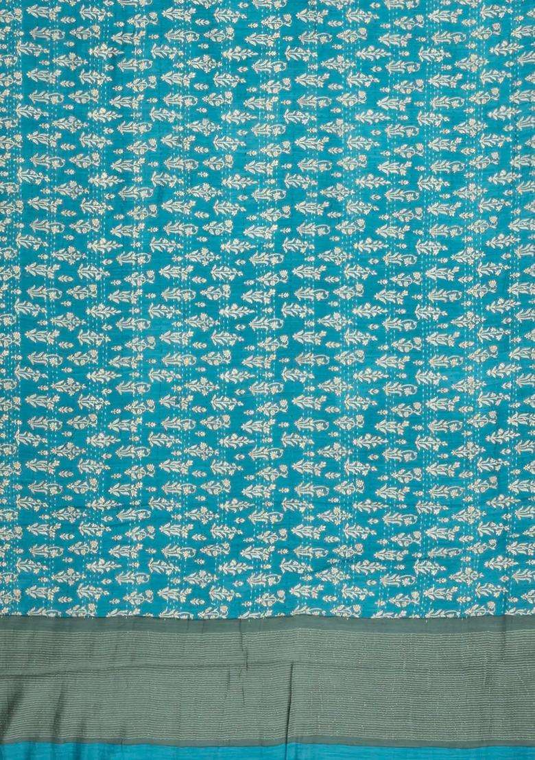 Cyan Printed Tussar Silk Saree With Floral Motifs For Women - Indya