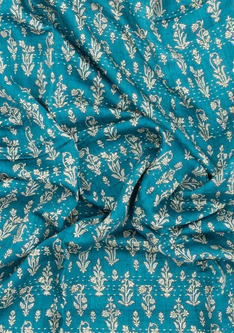 Cyan Printed Tussar Silk Saree With Floral Motifs For Women - Indya