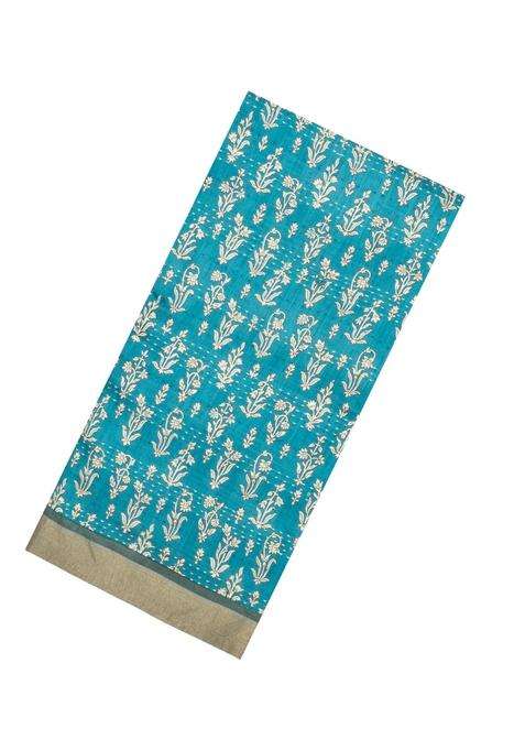 Cyan Printed Tussar Silk Saree With Floral Motifs For Women