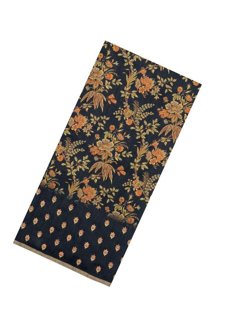 Midnight Blue Printed Tussar Silk Saree With Floral Motifs For Women - Indya