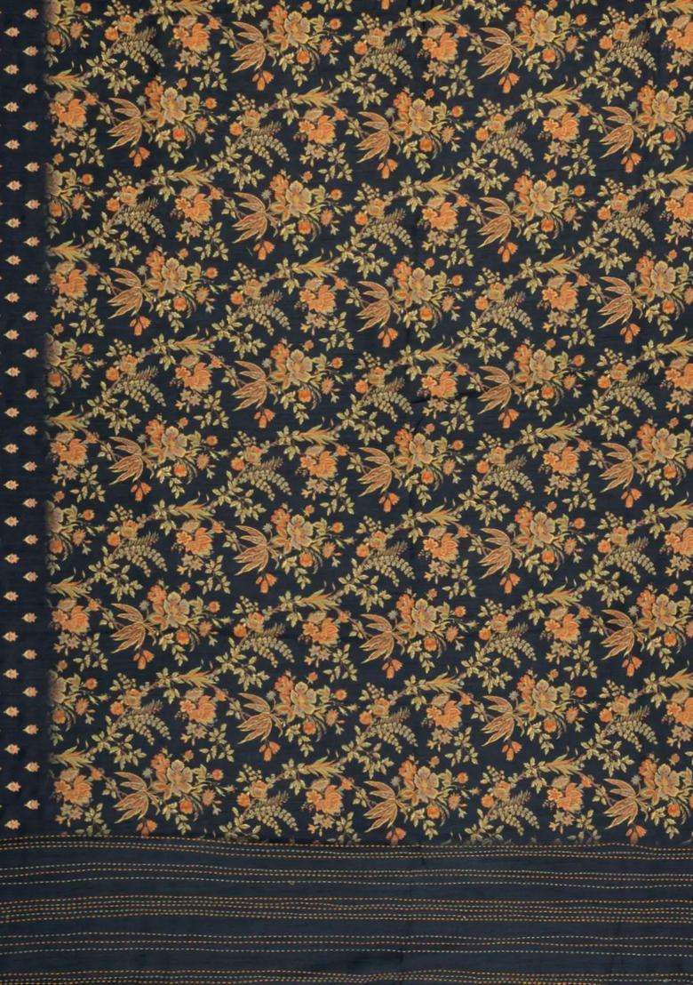 Midnight Blue Printed Tussar Silk Saree With Floral Motifs For Women - Indya