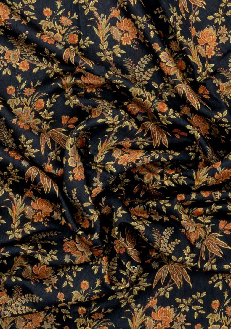 Midnight Blue Printed Tussar Silk Saree With Floral Motifs For Women - Indya