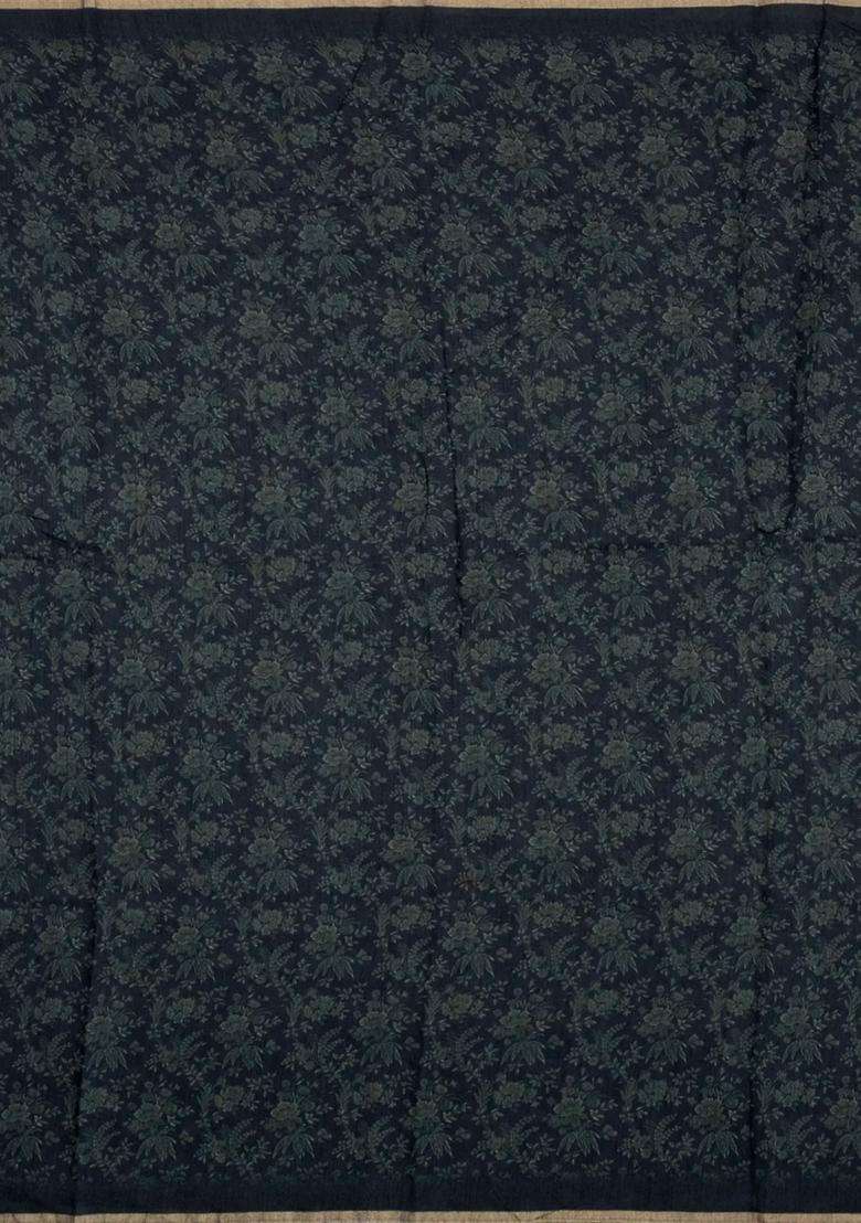 Midnight Blue Printed Tussar Silk Saree With Floral Motifs For Women - Indya