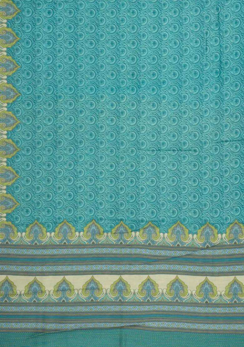 Cyan Printed Tussar Silk Saree With Floral Motifs For Women - Indya