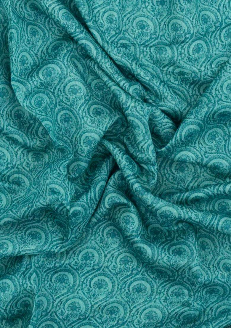 Cyan Printed Tussar Silk Saree With Floral Motifs For Women - Indya