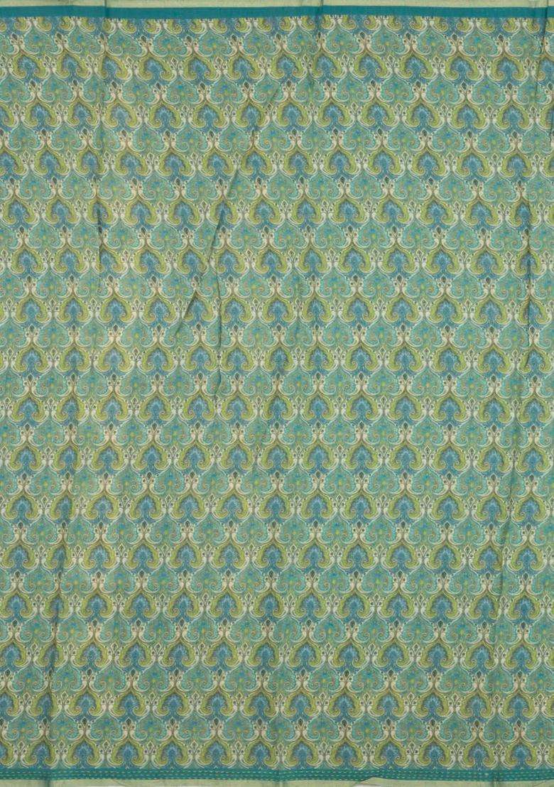 Cyan Printed Tussar Silk Saree With Floral Motifs For Women - Indya