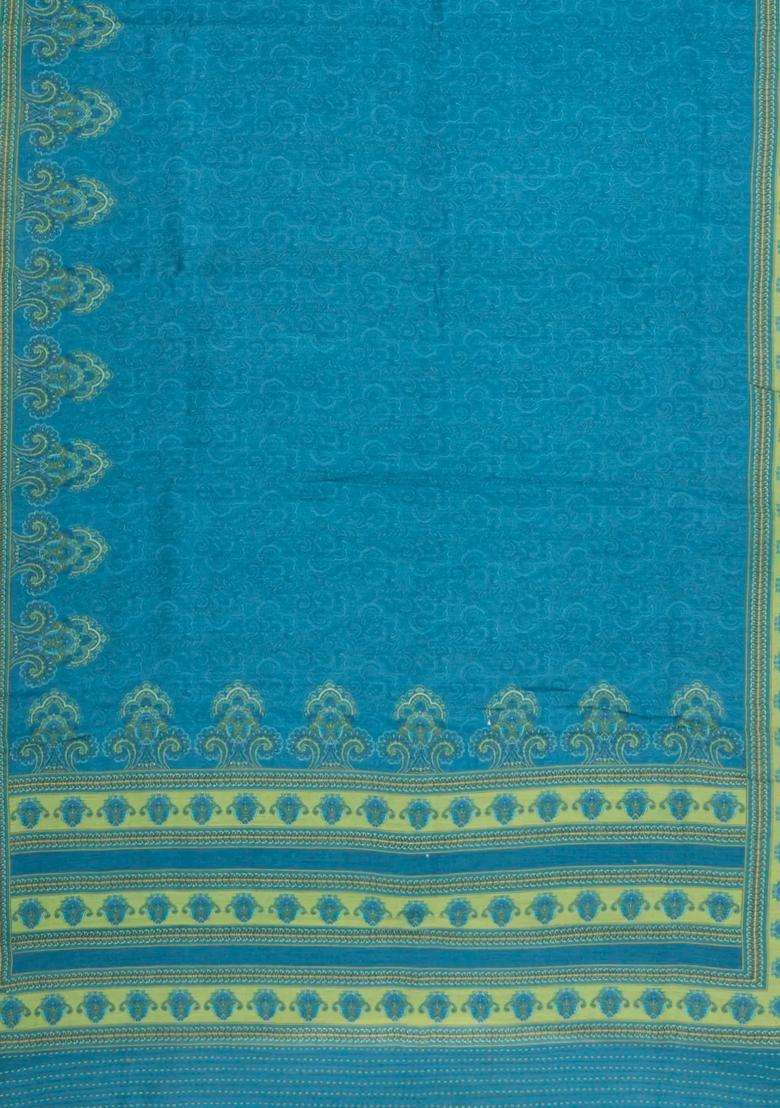 Blue Printed Tussar Silk Saree With Floral Motifs For Women - Indya