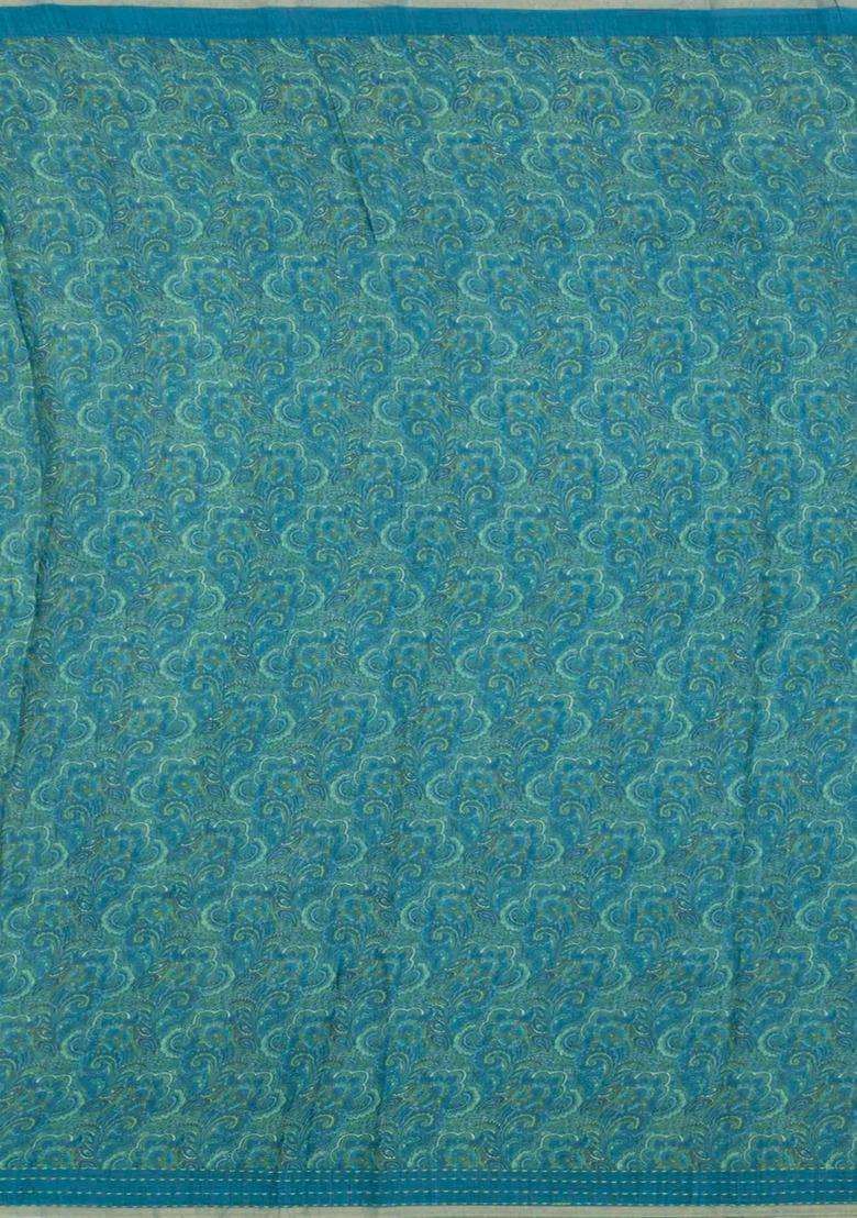 Blue Printed Tussar Silk Saree With Floral Motifs For Women - Indya
