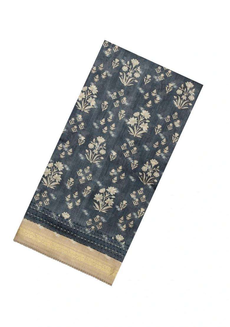 Grey Printed Tussar Silk Saree With Floral Motifs For Women - Indya