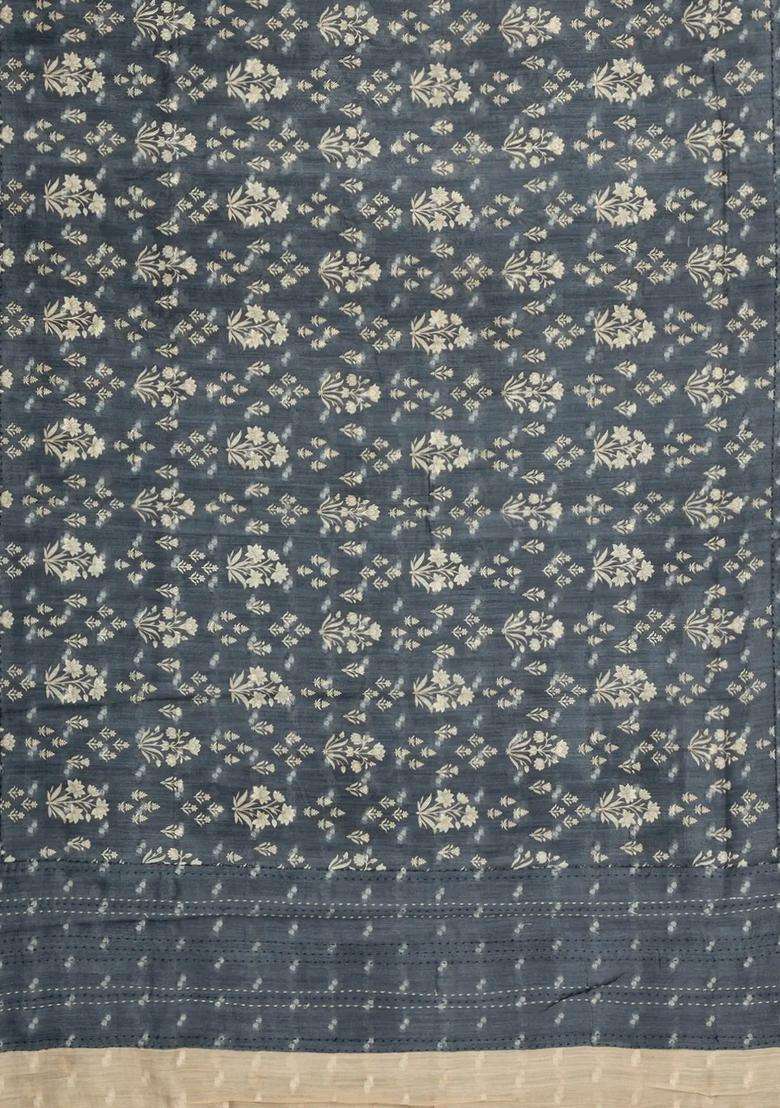 Grey Printed Tussar Silk Saree With Floral Motifs For Women - Indya