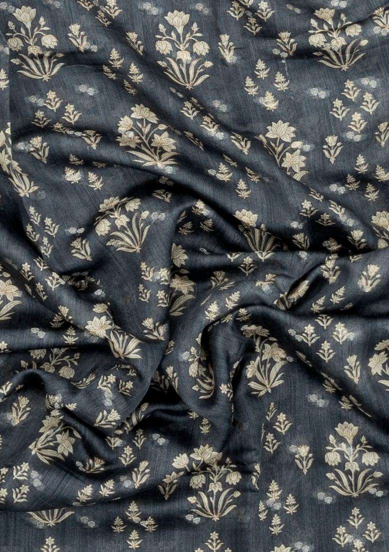 Grey Printed Tussar Silk Saree With Floral Motifs For Women - Indya