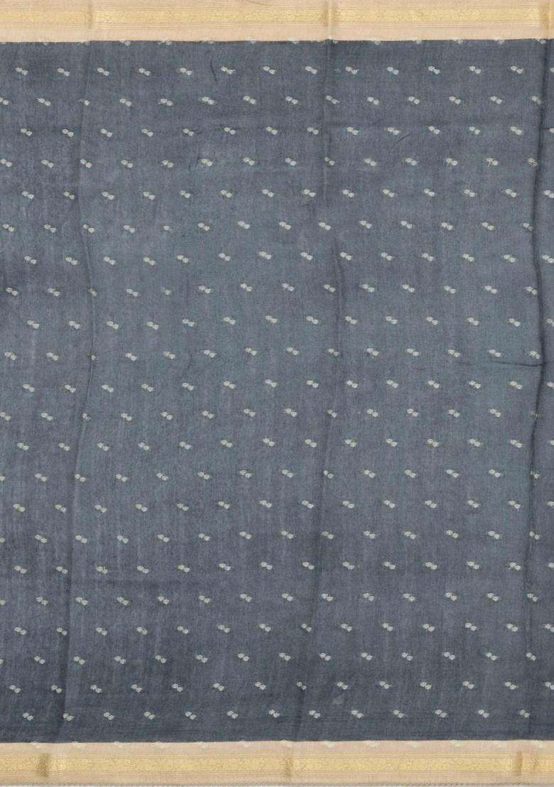 Grey Printed Tussar Silk Saree With Floral Motifs For Women - Indya