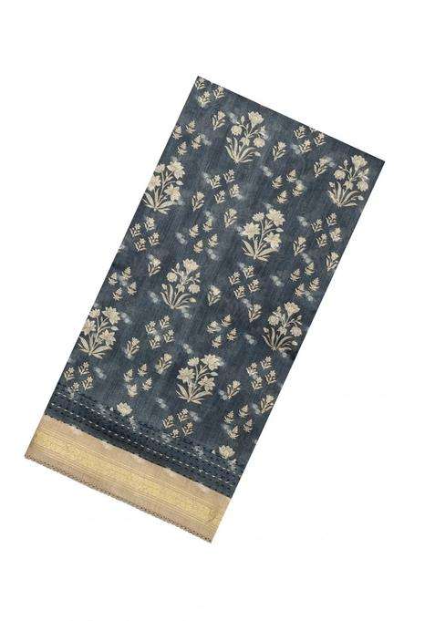 Grey Printed Tussar Silk Saree With Floral Motifs For Women