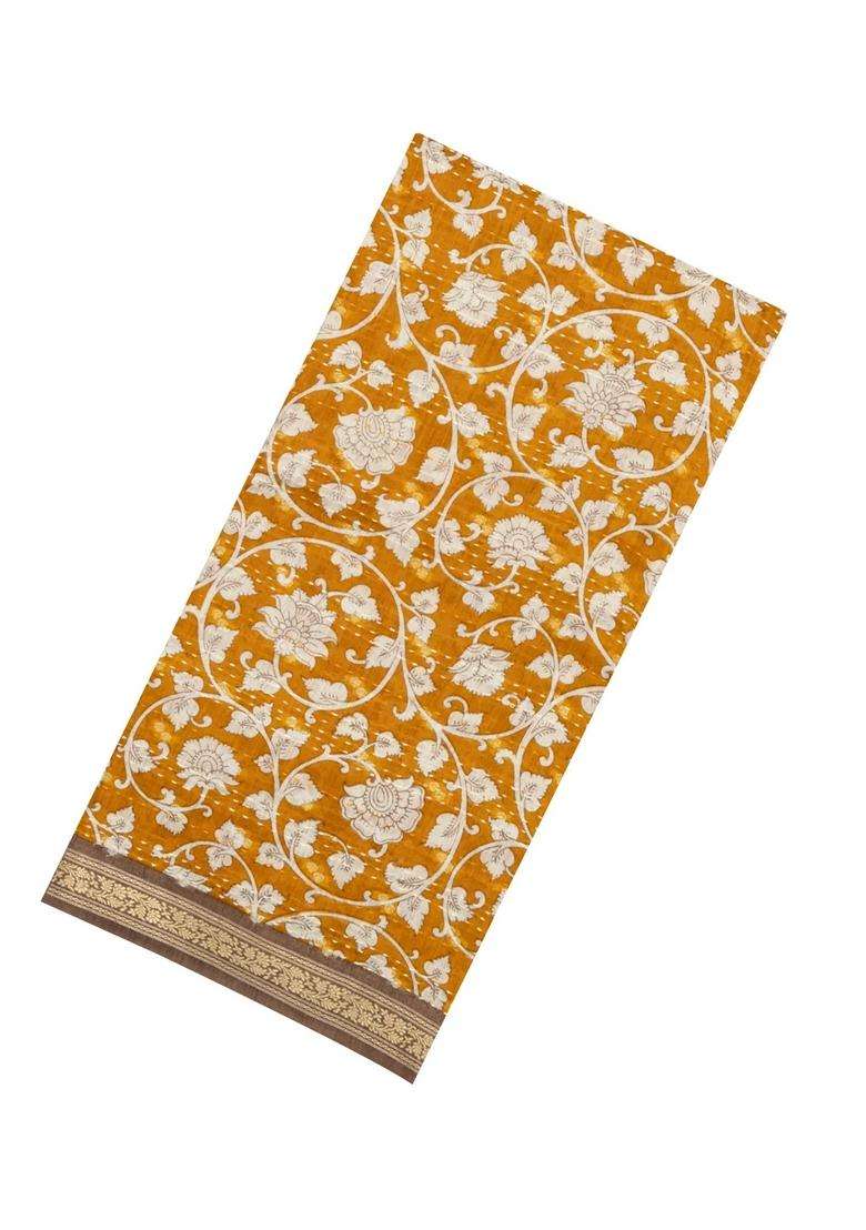 Mustard Printed Tussar Silk Saree With Floral Motifs For Women - Indya