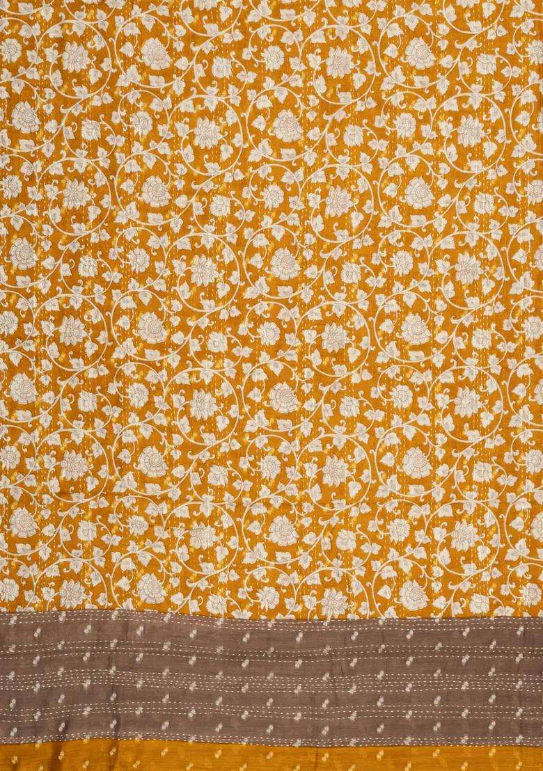 Mustard Printed Tussar Silk Saree With Floral Motifs For Women - Indya