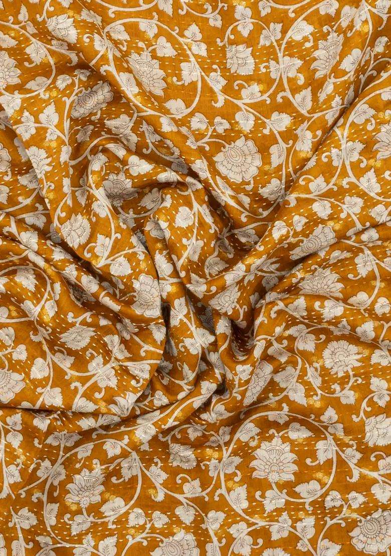 Mustard Printed Tussar Silk Saree With Floral Motifs For Women - Indya