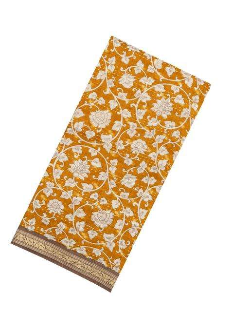Mustard Printed Tussar Silk Saree With Floral Motifs For Women