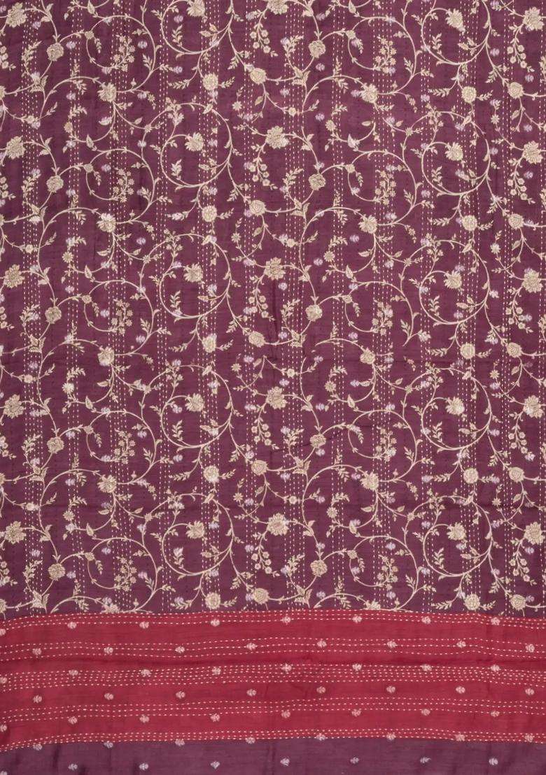 Maroon Printed Tussar Silk Saree With Floral Motifs For Women - Indya