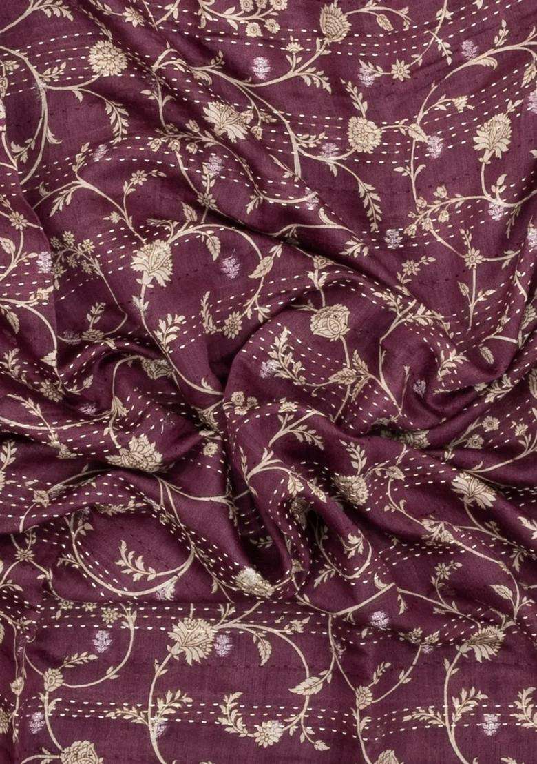 Maroon Printed Tussar Silk Saree With Floral Motifs For Women - Indya