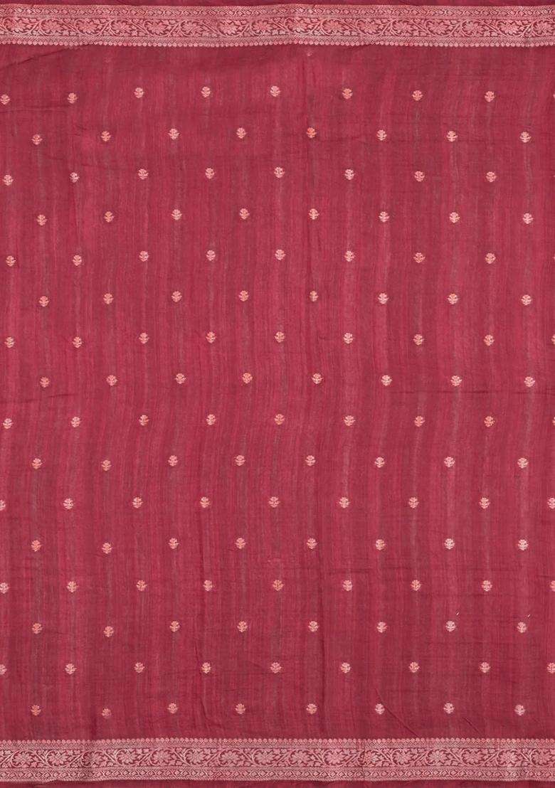 Maroon Printed Tussar Silk Saree With Floral Motifs For Women - Indya