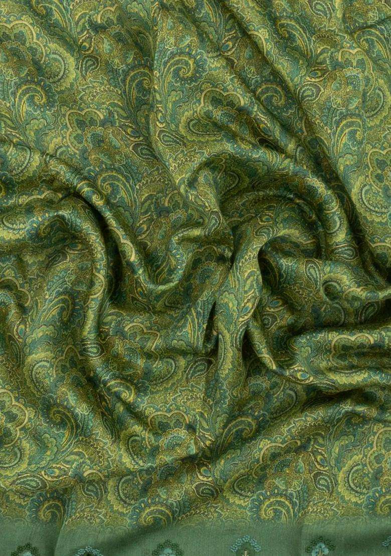 Green Printed Tussar Silk Saree With Floral Motifs For Women - Indya